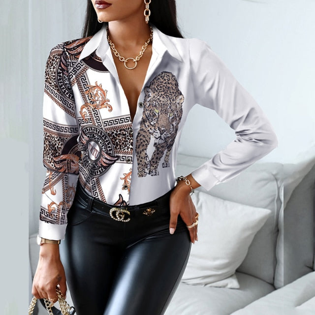 2021 Women Fashion Shirt Lady Long Sleeve Blouse Turn-down CollarButton Design Print  Casual Shirts