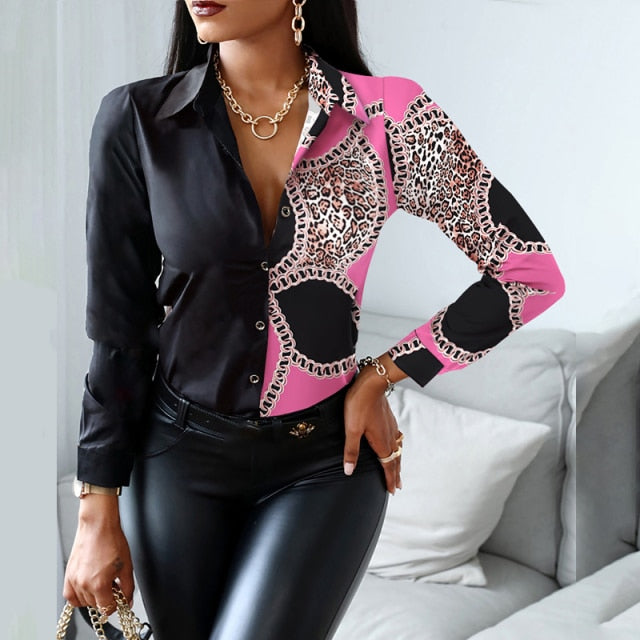 2021 Women Fashion Shirt Lady Long Sleeve Blouse Turn-down CollarButton Design Print  Casual Shirts